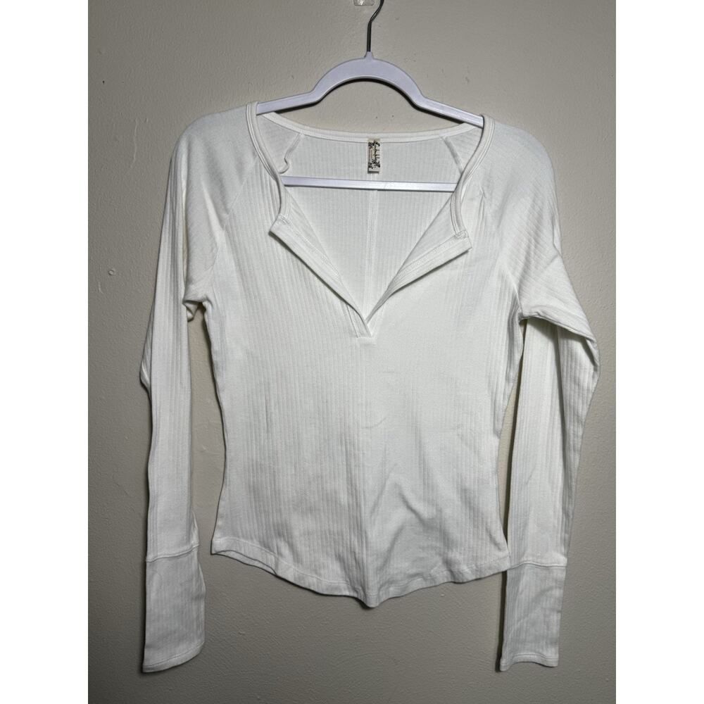 Intimately Free People Top Large Ribbed Fitted Long Sleeve Plunge White